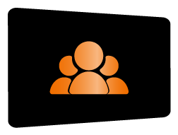 Orangefarbenes Icon, das eine dreiköpfige Personengruppe (Team) auf schwarzem Hintergrund darstellt.